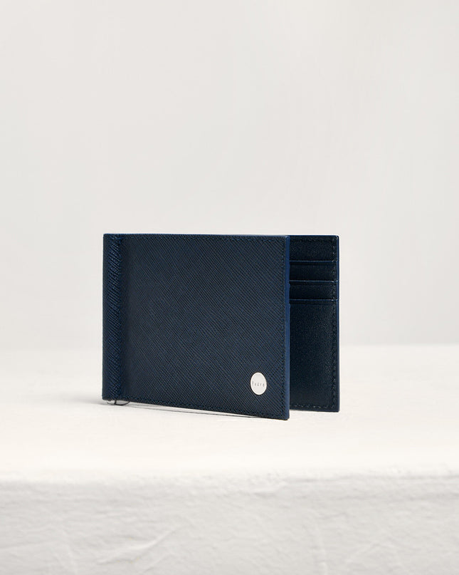 Leather Bi-Fold Money Clip Cardholder - Navy