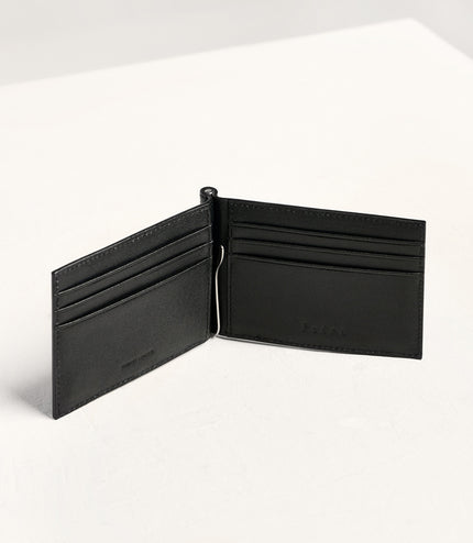 Leather Bi-Fold Money Clip Cardholder - Black