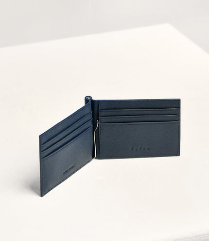 Leather Bi-Fold Money Clip Cardholder - Navy