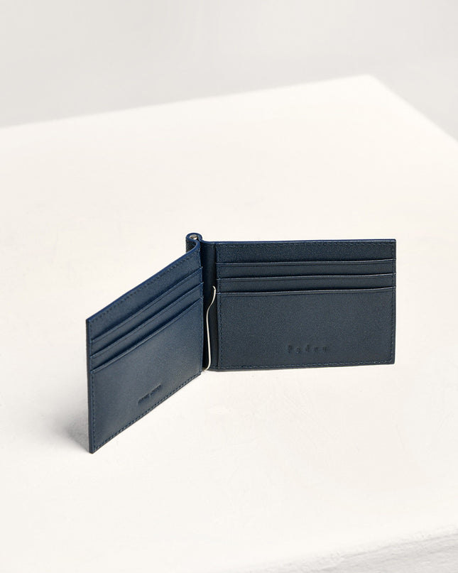 Leather Bi-Fold Money Clip Cardholder - Navy