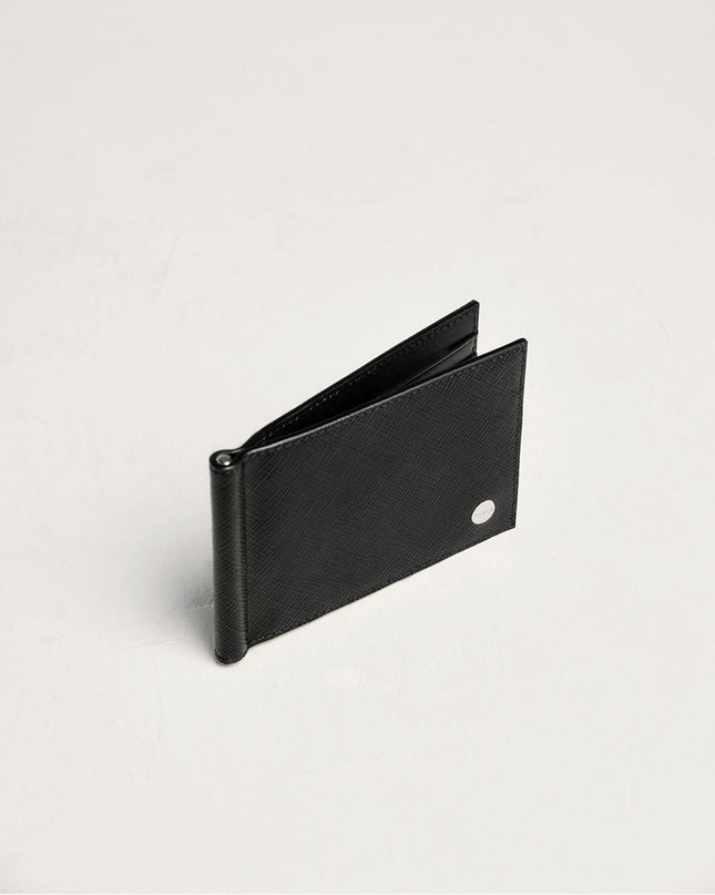 Leather Bi-Fold Money Clip Cardholder - Black