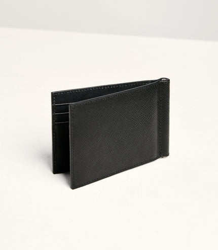 Leather Bi-Fold Money Clip Cardholder - Black