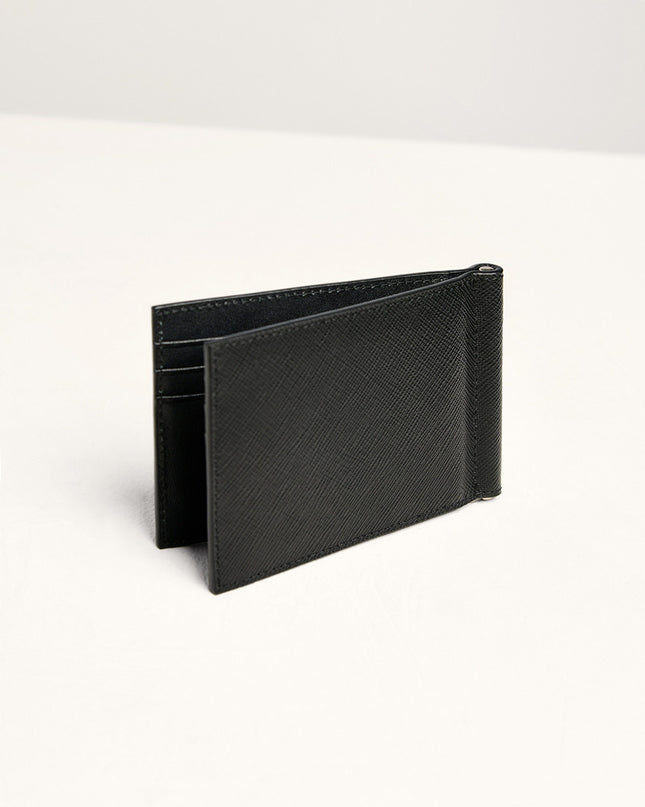 Leather Bi-Fold Money Clip Cardholder - Black