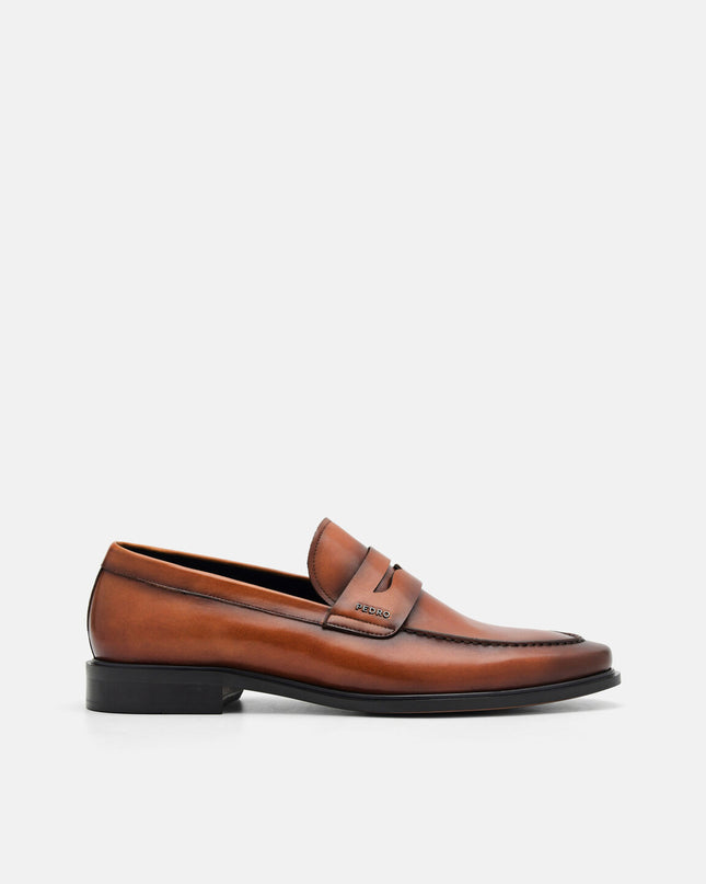 Burnished Leather Penny Loafers - Cognac