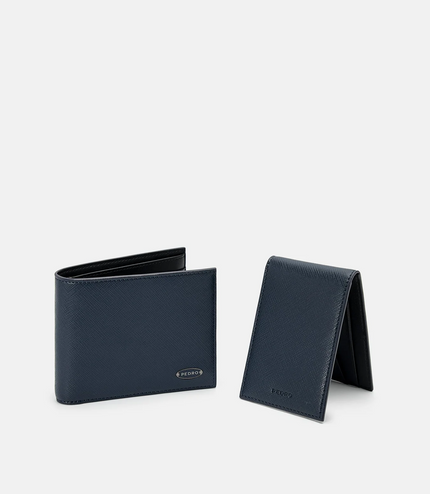 Saffiano Leather Bi-Fold Wallet with Insert - Navy