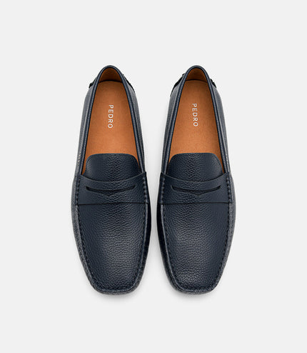 Embossed Leather Driving Shoes - Navy