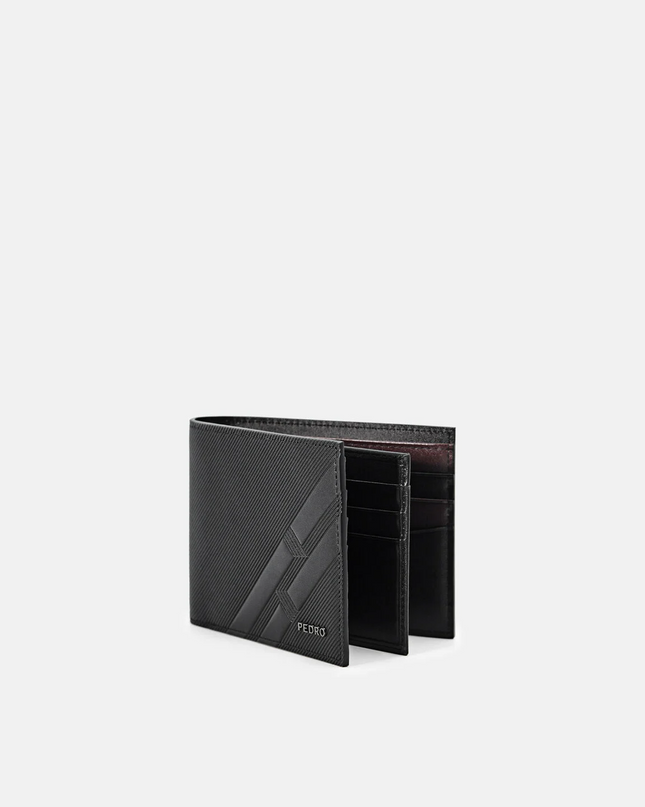 Embossed Leather Bi-Fold Flip Wallet - Black