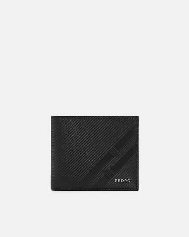Embossed Leather Bi-Fold Flip Wallet - Black