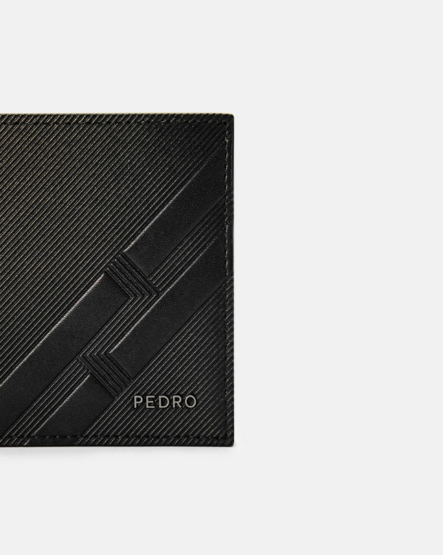 Embossed Leather Bi-Fold Flip Wallet - Black