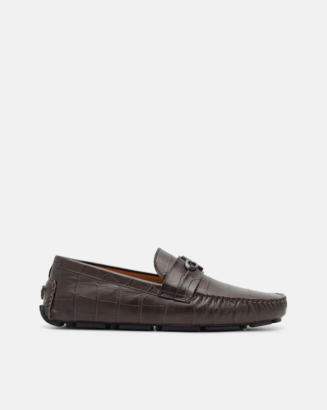 PEDRO Icon Croc-Embossed Leather Driving Shoes - Dark Brown