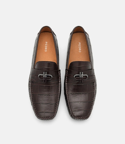 PEDRO Icon Croc-Embossed Leather Driving Shoes - Dark Brown