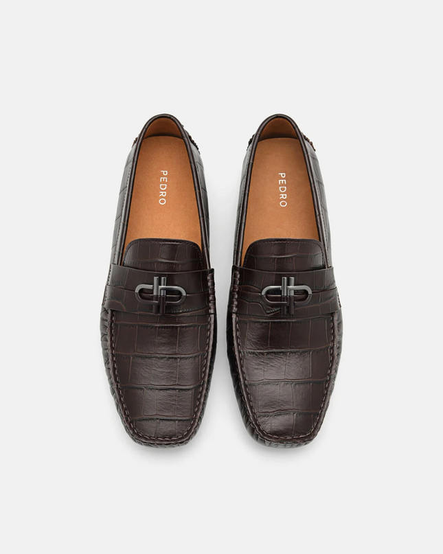 PEDRO Icon Croc-Embossed Leather Driving Shoes - Dark Brown