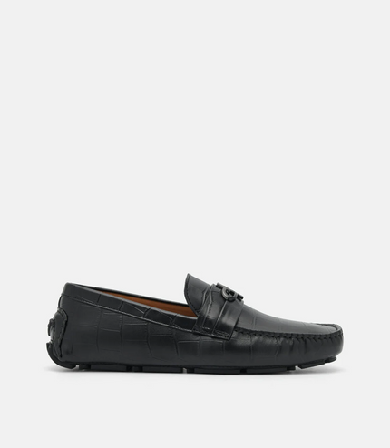 PEDRO Icon Croc-Embossed Leather Driving Shoes - Black