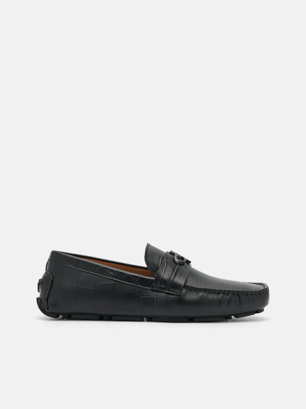 PEDRO Icon Croc-Embossed Leather Driving Shoes - Black