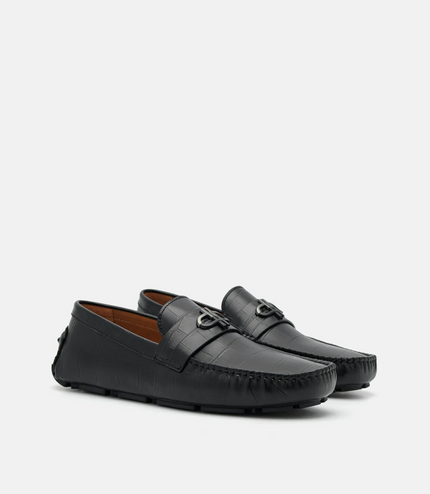 PEDRO Icon Croc-Embossed Leather Driving Shoes - Black