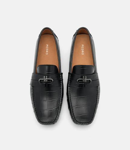 PEDRO Icon Croc-Embossed Leather Driving Shoes - Black