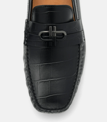 PEDRO Icon Croc-Embossed Leather Driving Shoes - Black