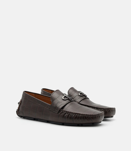 PEDRO Icon Croc-Embossed Leather Driving Shoes - Dark Brown