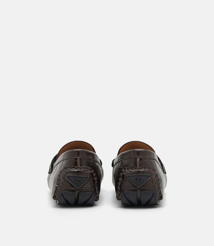 PEDRO Icon Croc-Embossed Leather Driving Shoes - Dark Brown