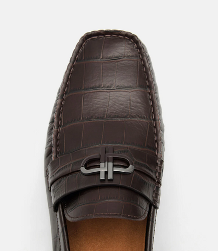 PEDRO Icon Croc-Embossed Leather Driving Shoes - Dark Brown