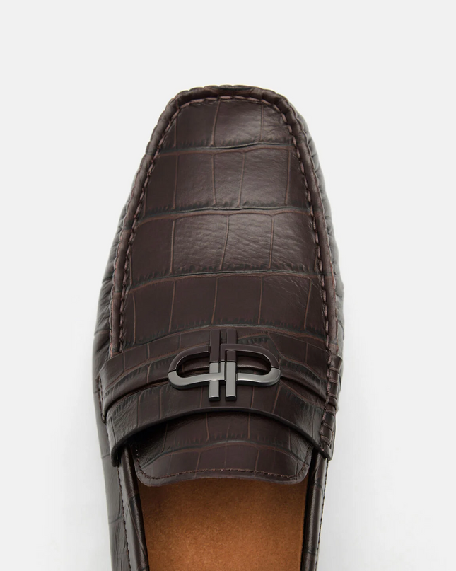 PEDRO Icon Croc-Embossed Leather Driving Shoes - Dark Brown