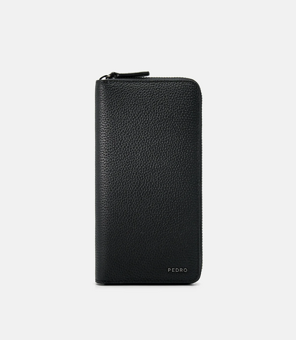 Embossed Leather Long Wallet - Black