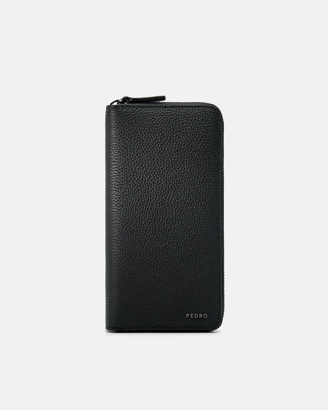 Embossed Leather Long Wallet - Black