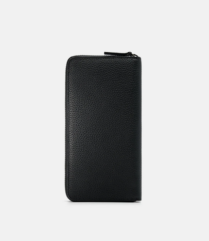 Embossed Leather Long Wallet - Black