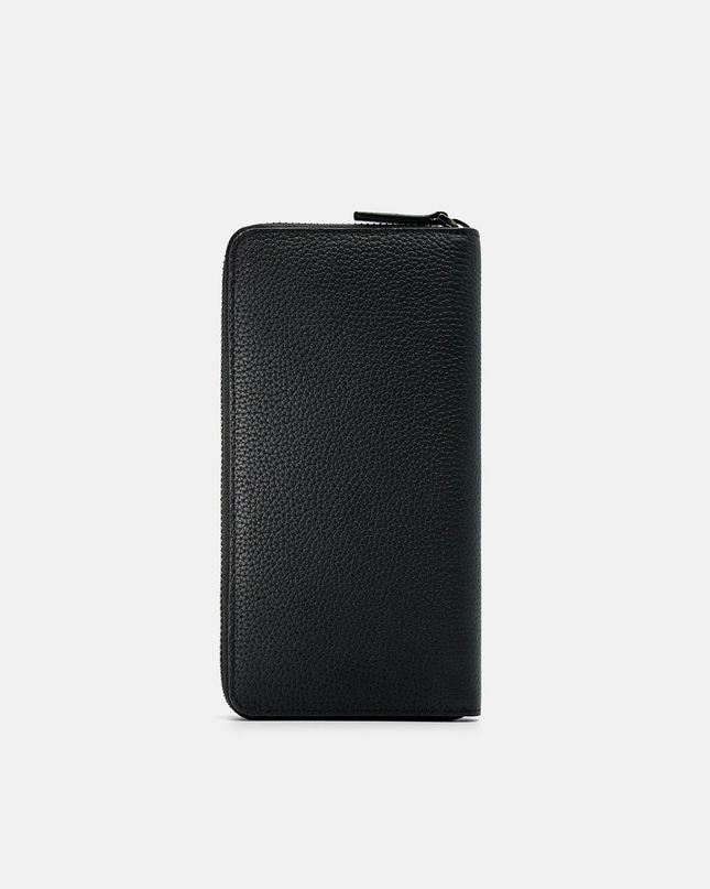 Embossed Leather Long Wallet - Black