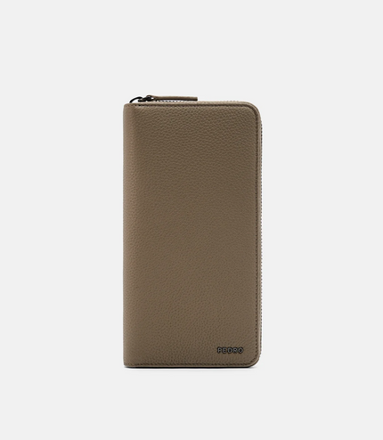 Embossed Leather Long Wallet - Taupe