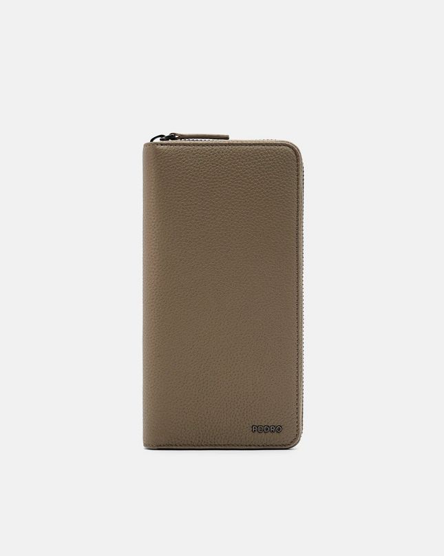 Embossed Leather Long Wallet - Taupe