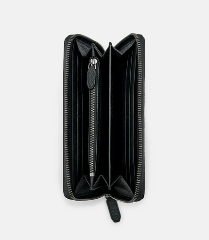 Embossed Leather Long Wallet - Black