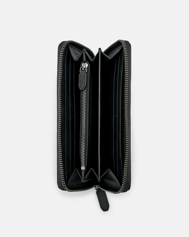 Embossed Leather Long Wallet - Black