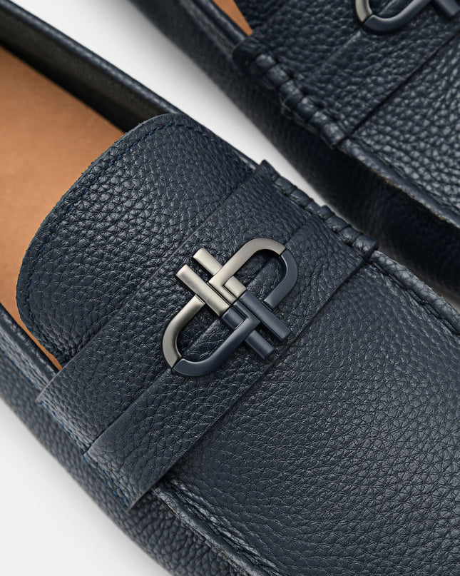 PEDRO Icon Croc-Embossed Leather Driving Shoes - Navy