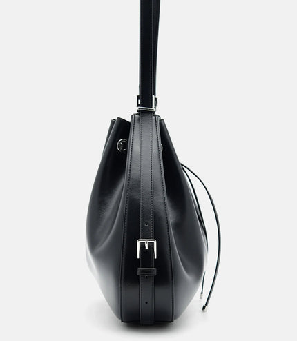 Wrinkled Drawstring Bucket Bag - Black