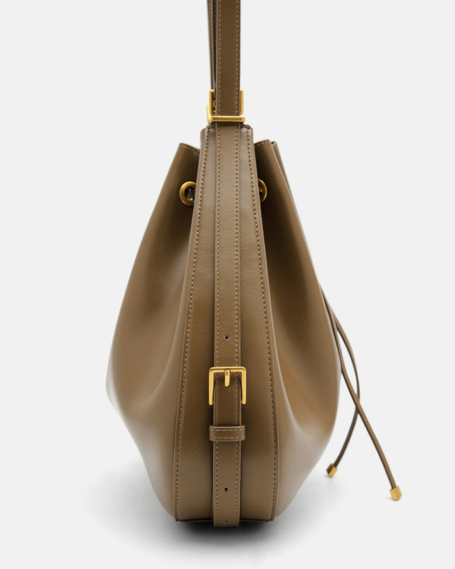 Wrinkled Drawstring Bucket Bag - Olive