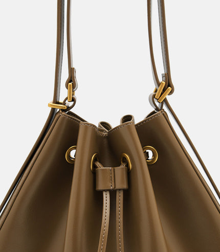 Wrinkled Drawstring Bucket Bag - Olive