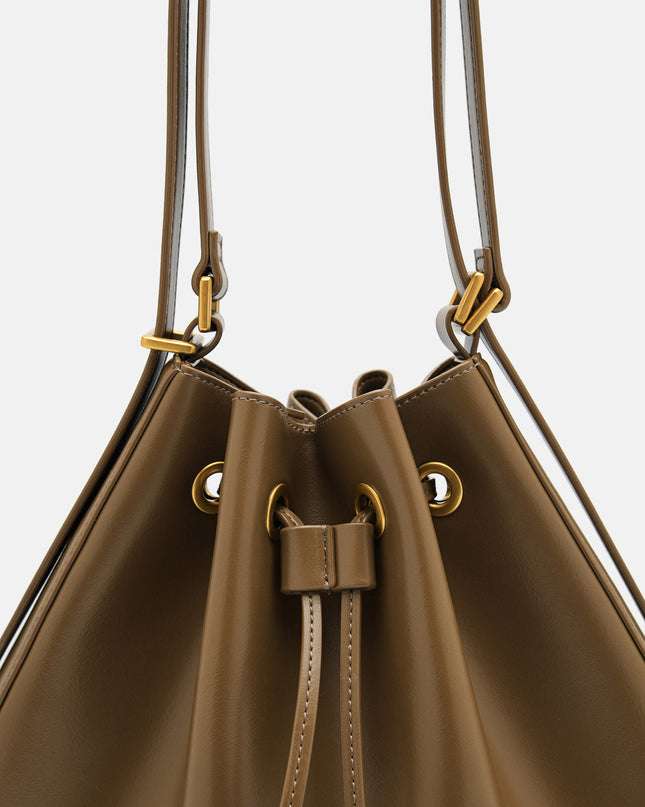 Wrinkled Drawstring Bucket Bag - Olive