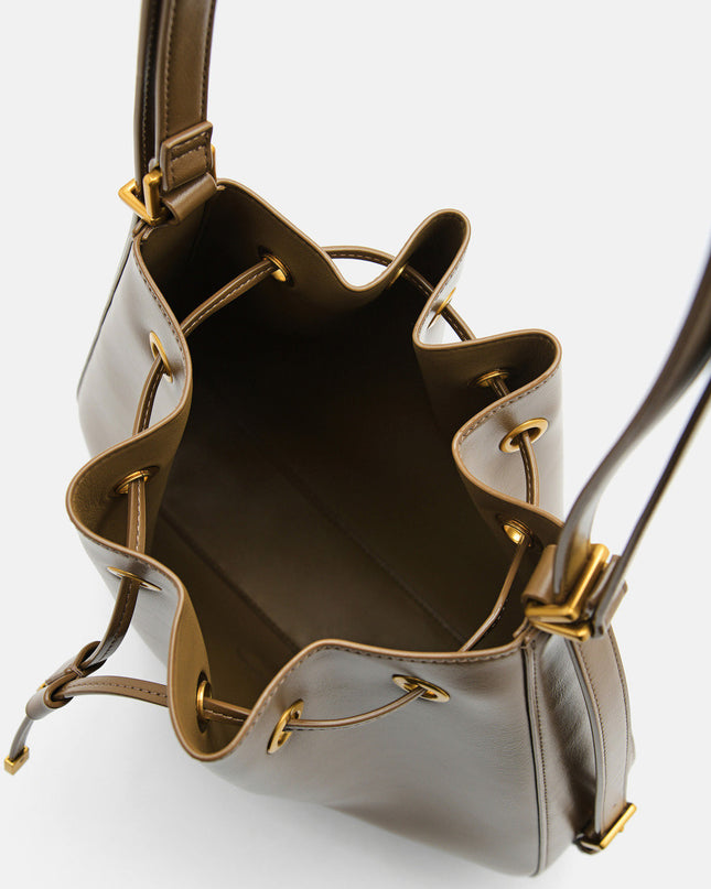 Wrinkled Drawstring Bucket Bag - Olive