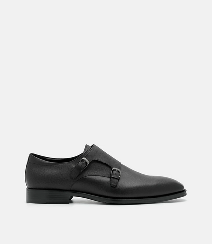 Saffiano Leather Double Monkstrap Shoes - Black