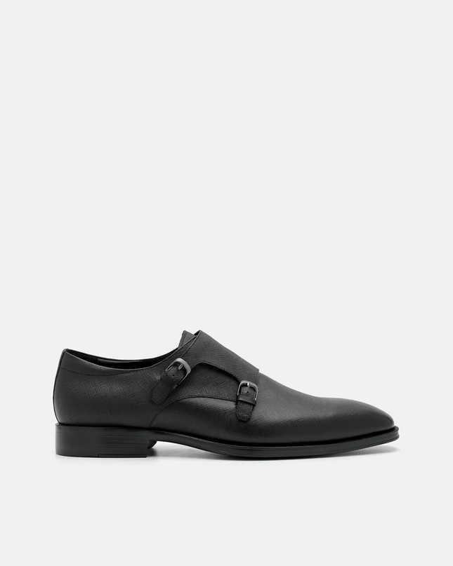 Saffiano Leather Double Monkstrap Shoes - Black