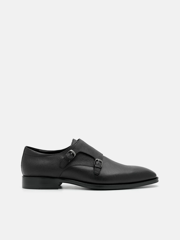 Saffiano Leather Double Monkstrap Shoes - Black