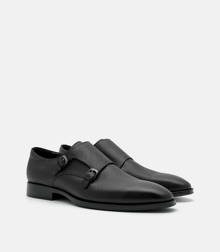 Saffiano Leather Double Monkstrap Shoes - Black