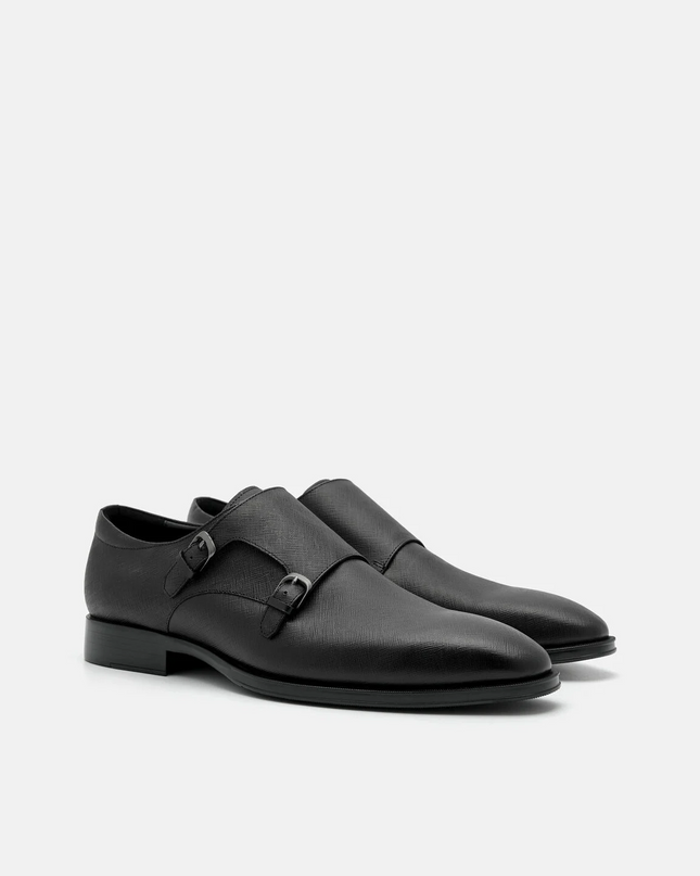 Saffiano Leather Double Monkstrap Shoes - Black