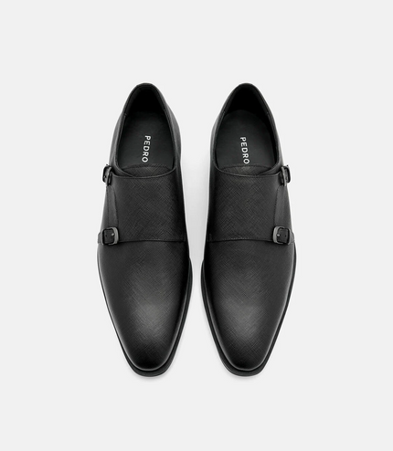 Saffiano Leather Double Monkstrap Shoes - Black