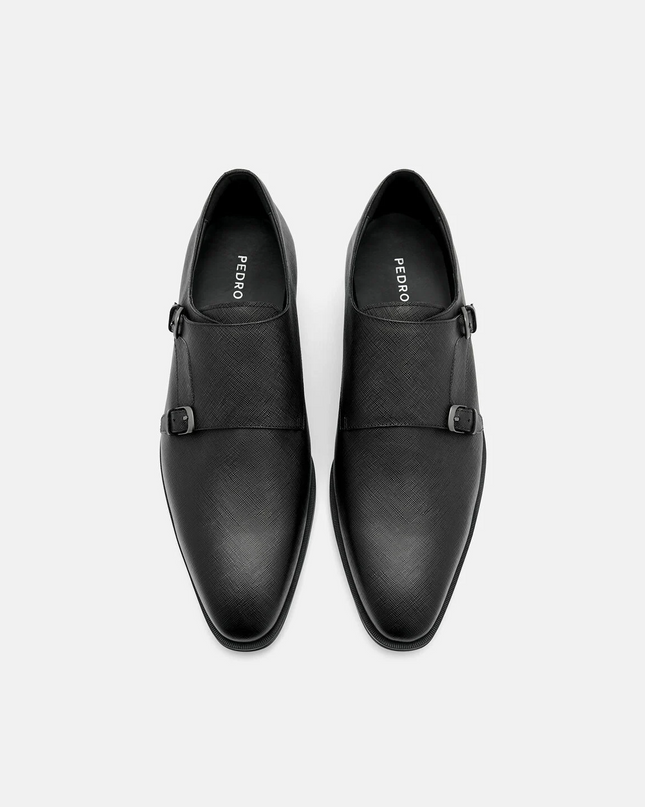 Saffiano Leather Double Monkstrap Shoes - Black