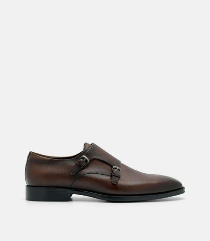 Saffiano Leather Double Monkstrap Shoes - Brown