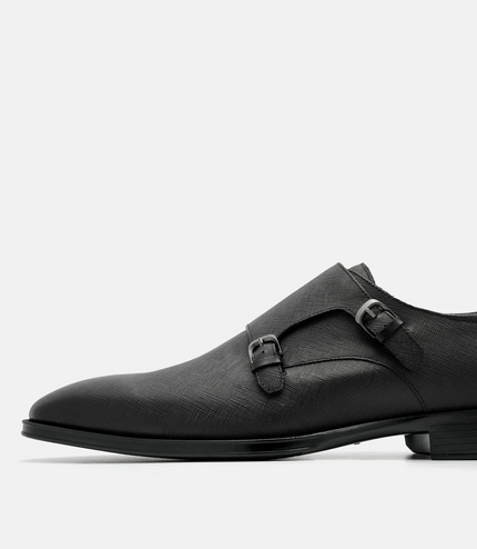Saffiano Leather Double Monkstrap Shoes - Black