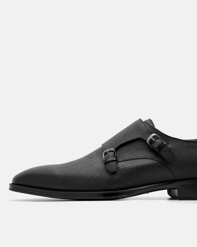 Saffiano Leather Double Monkstrap Shoes - Black