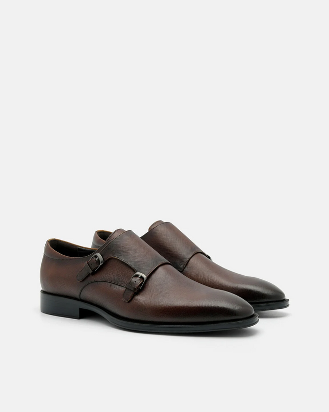 Saffiano Leather Double Monkstrap Shoes - Brown